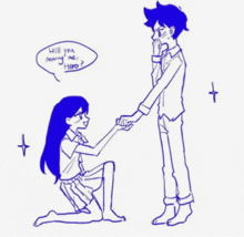 a drawing of a girl kneeling down and asking a boy to marry her