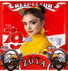 a woman in a yellow sweater is surrounded by eagles and a red banner that says rezpector zoya