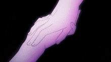 a couple of hands holding each other 's wrists in a purple light .