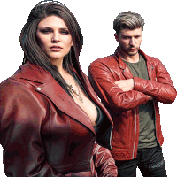 a man and a woman are standing next to each other wearing red leather jackets