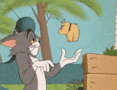 a cartoon cat is reaching out to catch a dog in a cartoon .