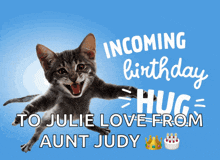 a birthday card with a cat and the words " incoming birthday hug "