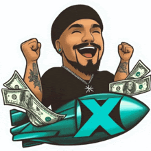 a cartoon of a man holding a rocket filled with money and the letter x