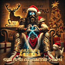 a poster of a man dressed as santa claus with the words merry christmas behind him