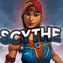 a woman with a red hat and the word scythe on the bottom