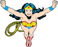 a woman in a wonder woman costume is flying in the air with her arms outstretched