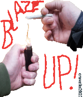 a hand holding a lighter next to another hand holding a cigarette with the words blaze blu up written on the bottom