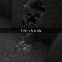 a creeper is wearing a hat and carrying a wallet with the words " c rien c la grotte " on the bottom