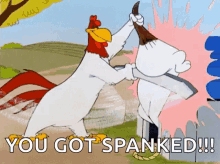 a cartoon of a rooster and a rabbit with the words " you got spanked " on the bottom