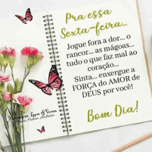 a notebook with flowers and butterflies on it is open to a page that says `` pra essa sexta-feira `` .