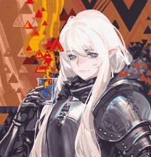 a drawing of a girl with long white hair and armor