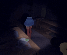 a girl in a blue skirt is standing in the dark