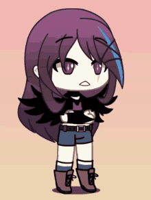 a drawing of a girl with long purple hair