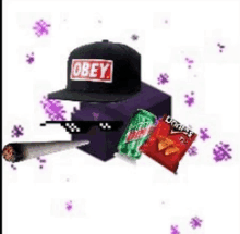 a hat , sunglasses , a bag of chips , and a cigarette are on a purple box .