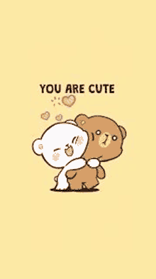 a couple of bears hugging each other on a yellow background with the words `` you are cute '' .