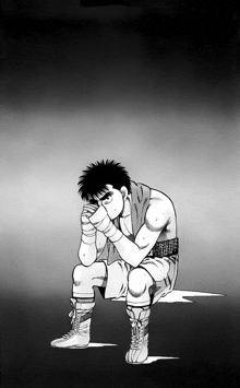 a black and white drawing of a boxer sitting with his head down