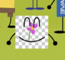 a cartoon character with a flower on it 's face and arms .