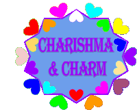 a blue sign that says charisma and charm with hearts around it