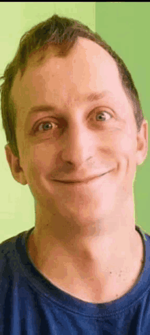 a man in a blue shirt is smiling and making a face .