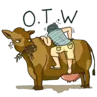 a cartoon of a man riding a cow with the letters o.t.w written on the bottom