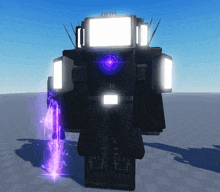 a robot with a purple glowing sword is standing on a gray surface