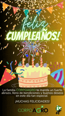 an advertisement for corpoagro del pacifico with a cake and fireworks