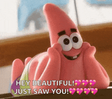 patrick star from spongebob squarepants is laying down with his hands on his face and smiling .