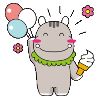 a cartoon drawing of a hippo holding a ice cream cone and balloons