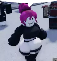 a cartoon character with purple hair is wearing a black and white outfit