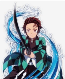 a young boy is holding a sword in front of a wave .