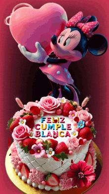 a birthday cake with minnie mouse holding a heart and the words feliz cumple blanca on it