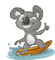 a cartoon drawing of a koala riding a surfboard and giving a thumbs up