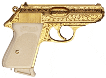 a gold walther gun with a white grip and a white background