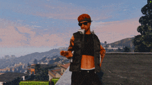 a man wearing sunglasses and a bandana stands on a rooftop with a city in the background