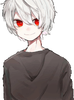 a boy with white hair and red eyes smiles for the camera