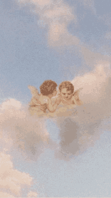 a painting of two angels flying in the sky