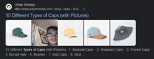 an urban monkey advertisement for different types of caps with pictures