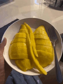 a plate of sliced mangoes with a fork