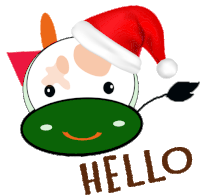 a cartoon cow wearing a santa hat with the words hello below it