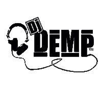 a black and white logo for dj demp with headphones on it