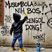 a young boy spray paints graffiti on a wall including the words sengol dong