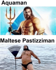 a man in a bathing suit is holding a rake in the water next to a poster of aquaman .