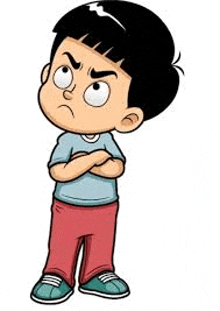 a cartoon boy is standing with his arms crossed and an angry look on his face .