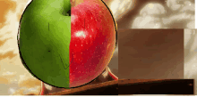 a green apple is next to a red apple with a arrow pointing to it