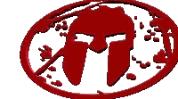 a spartan helmet in a red circle with blood drops