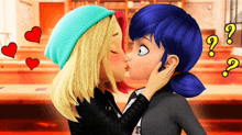 two cartoon girls are kissing in a classroom with hearts and question marks surrounding them