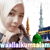 a woman in a hijab is standing in front of a mosque with the words waallaikumsalam