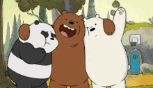 three bears , panda , grizzly and ice bear , are standing next to each other .