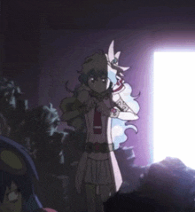 a cartoon character is standing in a dark room with a light shining through the window