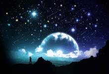 a silhouette of a person standing on a hill looking at the moon